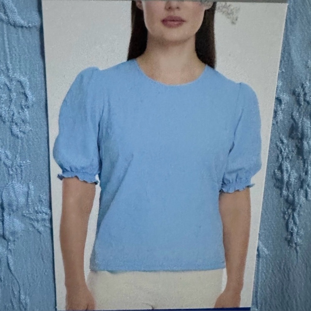 Ted Baker Women's Crewneck Elastic Smocked Short Sleeves Blouse, Blue, Women’s M